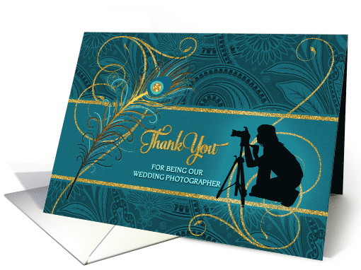 Photographer Wedding Thank You Peacock in Teal and Gold card (908066)