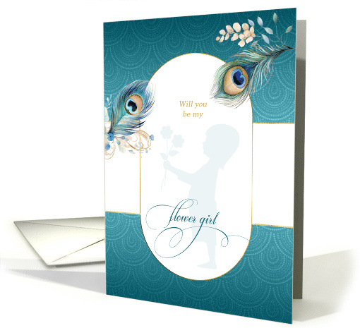 Flower Girl Request Peacock in Teal and Gold card (908086)
