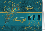 Flower Girl Request Peacock in Teal and Gold card