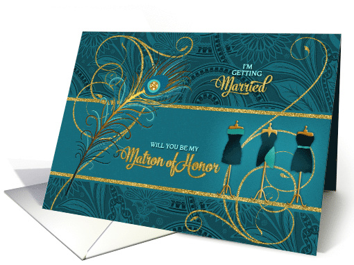 Matron of Honor Request Peacock in Teal and Gold card (908092)