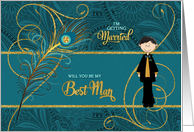 Best Man Request Peacock in Teal and Gold card