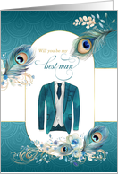 Best Man Request Peacock in Teal and Gold card