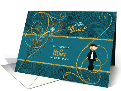 Usher Request for Wedding Party Atttendant in Teal Peacock card