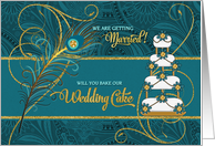 Will You Bake Our Wedding Cake? Peacock in Teal and Gold card