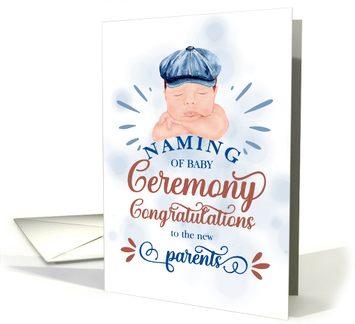 Naming Ceremony Congratulations Baby in a Blue Gatsby Beret card