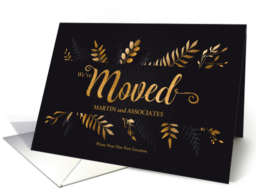 Business Relocation Announcement Bontanical Gold and Black card