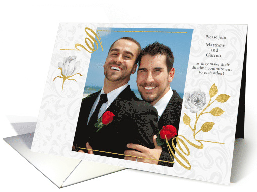 Civil Union or Commitment Ceremony Faux Glitter and Roses Photo card