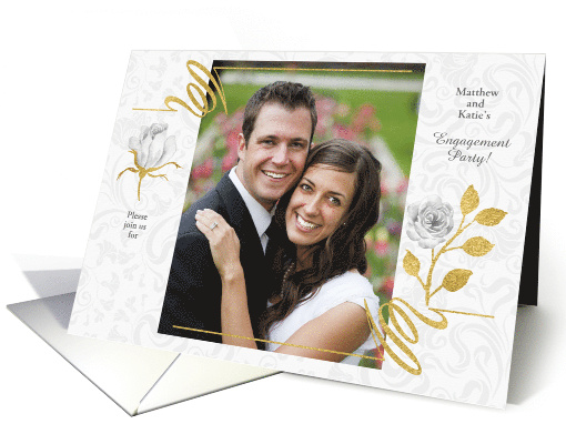 Engagement Party Faux Gold Glitter and White Roses Photo card (933348)