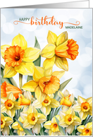 Custom Birthday Daffodil Garden with Blue Sky Bokeh card