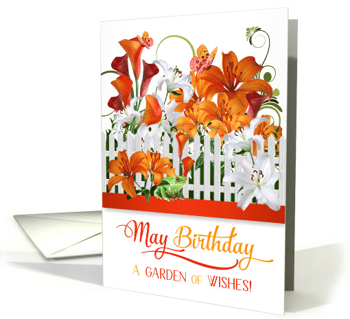 May Birthday Lily Garden with Butterflies and a Frog card (936115)