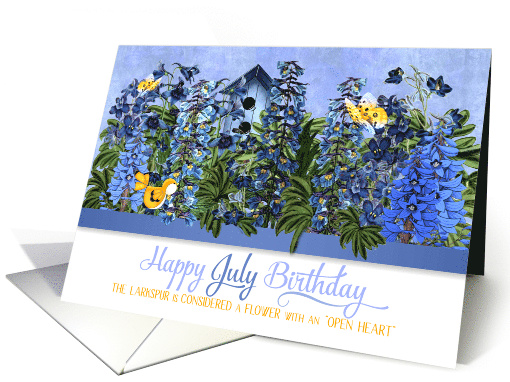 July Birthday Larkspur Garden with Butterflies and Birdhouse card