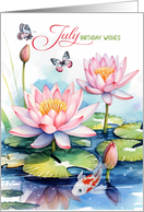 July Birthday Larkspur Garden with Butterflies and Birdhouse card