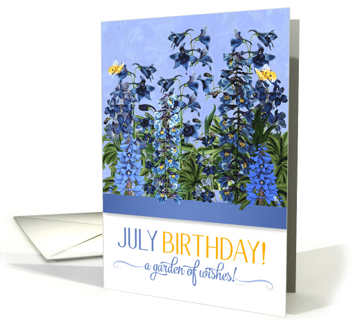 July Birthday Larkspur Garden with Butterflies and Birdhouse card