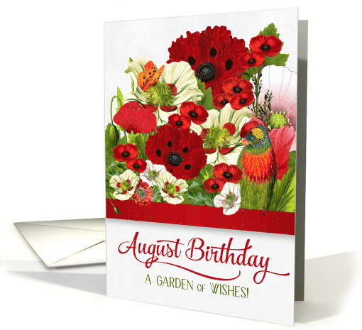 August Birthday Poppies with Butterflies and a Lorikeet Parrot card