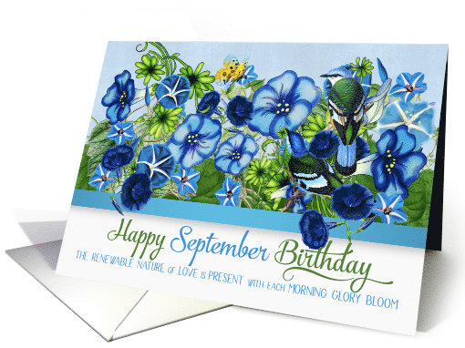 September Birthday Morning Glory with Green Cochoa birds card (937518)