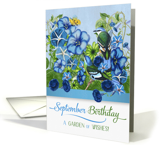 September Birthday Morning Glory with Green Cochoa birds card (937527)