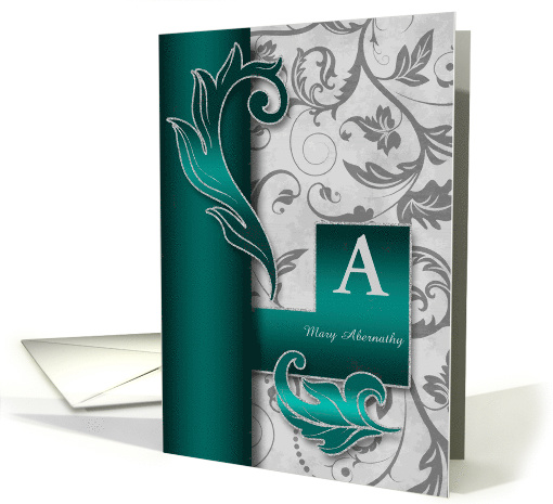 Monogrammed A Custom Silver Damask with Teal Blank card (938578)