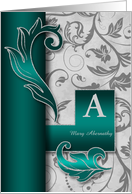 Monogrammed A Custom Silver Damask with Teal Blank card