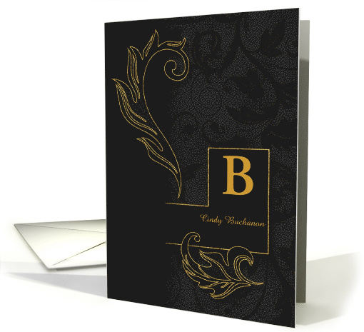 Letter B Monogrammed Black Damask with Golden Accents Blank card