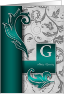 Monogrammed G Custom Silver Damask with Teal Blank card