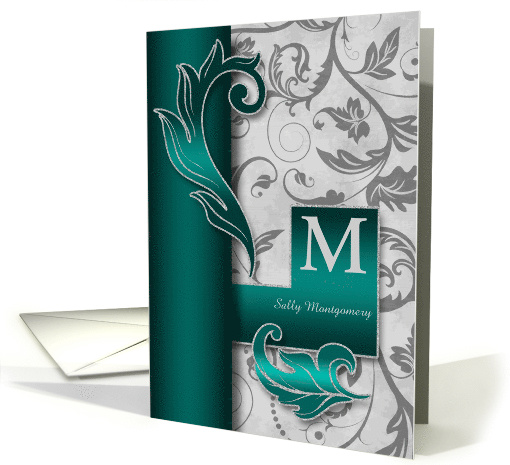 Monogrammed M Custom Silver Damask with Teal Blank card (938644)
