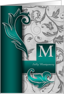 Monogrammed M Custom Silver Damask with Teal Blank card