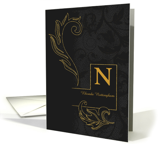 Letter N Monogrammed Black Damask with Golden Accents Blank card