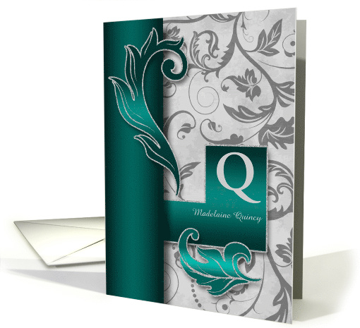 Monogrammed Q Custom Silver Damask with Teal Blank card (938648)