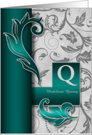 Monogrammed Q Custom Silver Damask with Teal Blank card