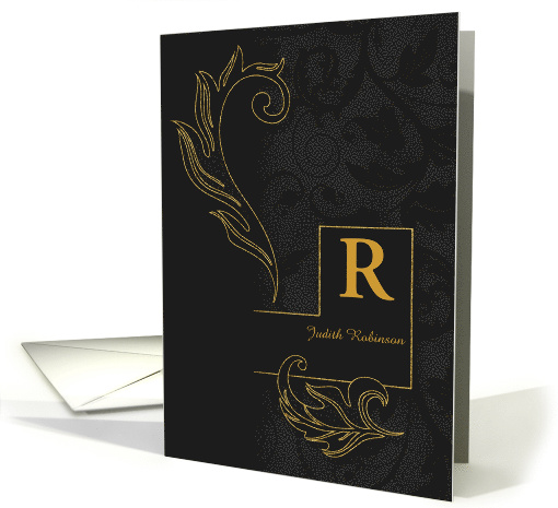 Letter R Monogrammed Black Damask with Golden Accents Blank card