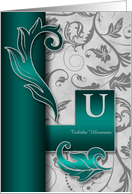 Monogrammed U Custom Silver Damask with Teal Blank card