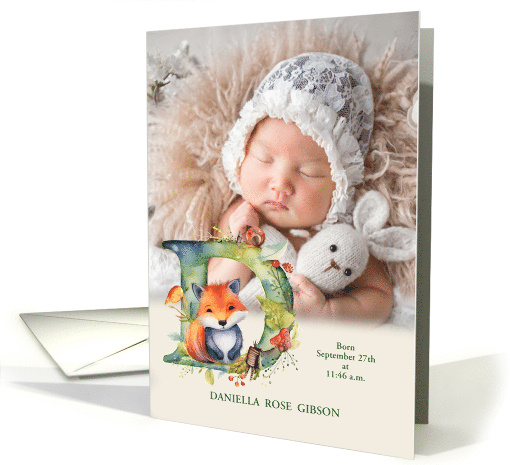 Letter D Birth Announcement Woodland Boho with Baby Photo card