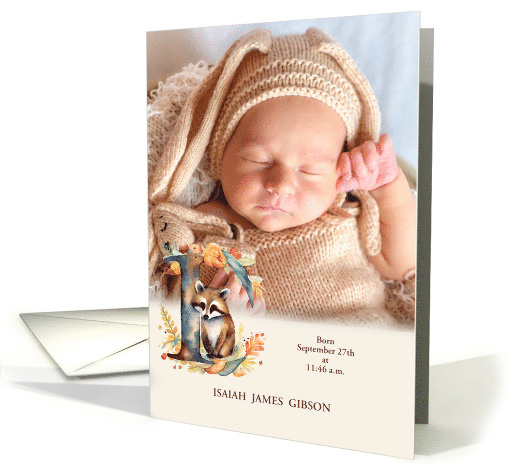Letter I Birth Announcement Woodland Tribal with Photo card (940608)