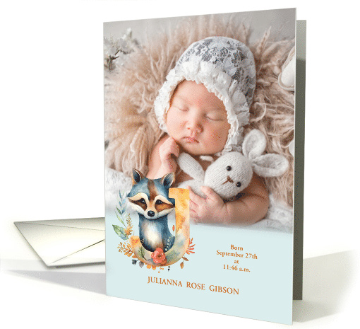 Letter J Birth Announcement Woodland Raccoon with Baby's Photo card