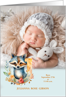 Letter J Birth Announcement Woodland Raccoon with Baby’s Photo card