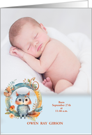 Letterr O Birth Announcement Woodland Owl Custom Photo card