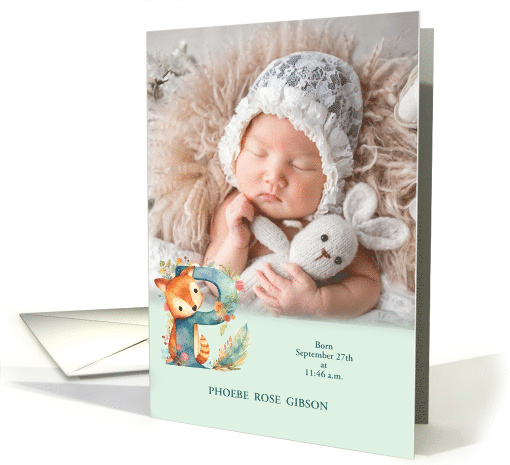 Letter P Birth Announcement Woodland Theme Fox Custom card (941765)