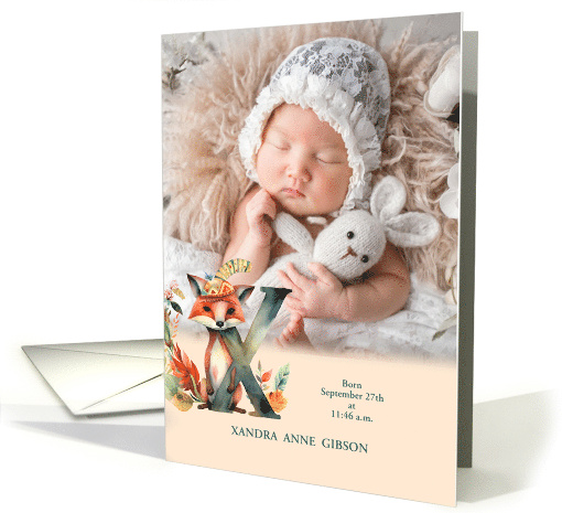 Letter X Pink Birth Announcement Woodland Boho Theme Photo card