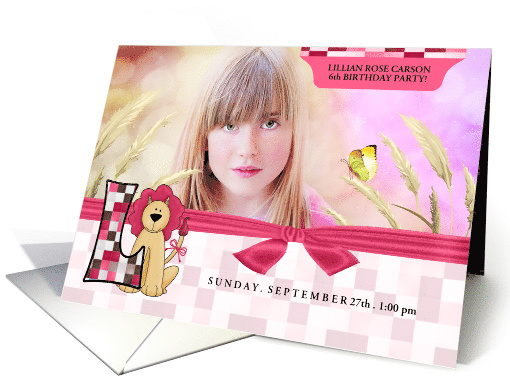 L for Lion Pink Birthday Party Invitation with Girl's Photo card