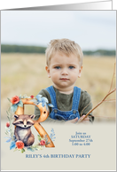 R for Raccoon Blue Birthday Party Invitation with Boy’s Photo card
