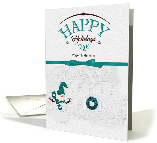 for Couple Happy Holidays Snowman Winter White and Teal Custom card