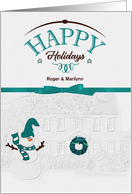 for Couple Happy Holidays Snowman Winter White and Teal Custom card
