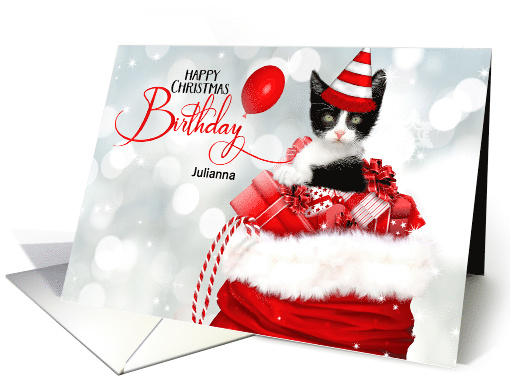 Christmas Eve Birthday Custom Kitten in Red and White card (955197)