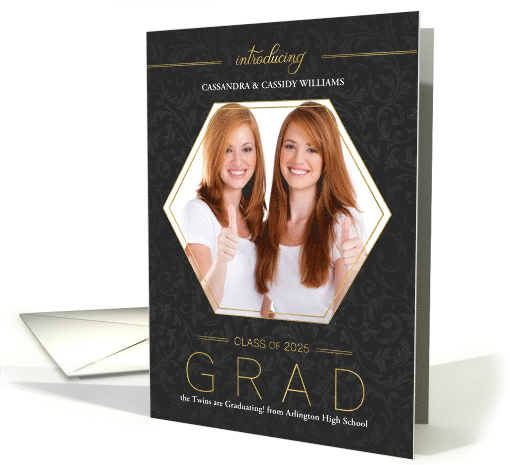 Twin Graduation Black and Gold Class of 2025 Photo Invite card