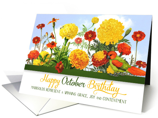 October Birthday Marigolds with Bee and Parakeet card (978705)