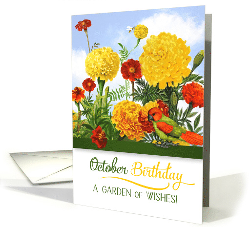 October Birthday Marigolds with Bee and Parakeet card (978725)