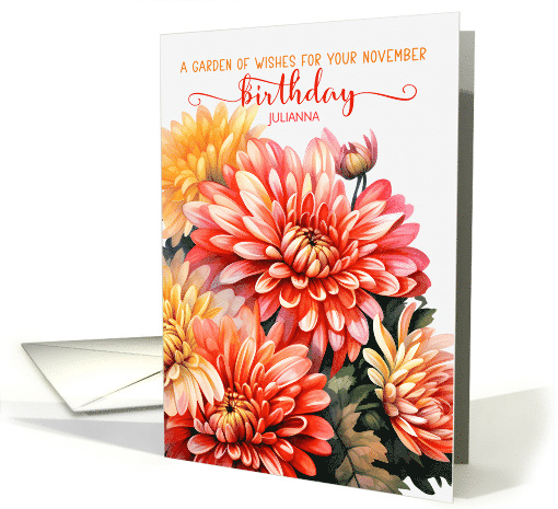 November Birthday Chrysanthemums with Custom Name card (979411)