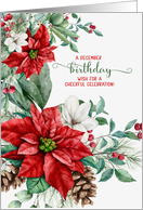 December Birthday Poinsettias with Winter Greenery card