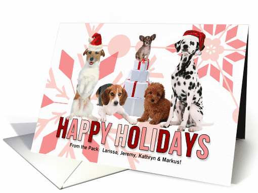 Holiday Pack of Pups in Red Santa Hats and Pink Snowflakes Custom card