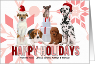 Holiday Pack of Pups in Red Santa Hats and Pink Snowflakes Custom card
